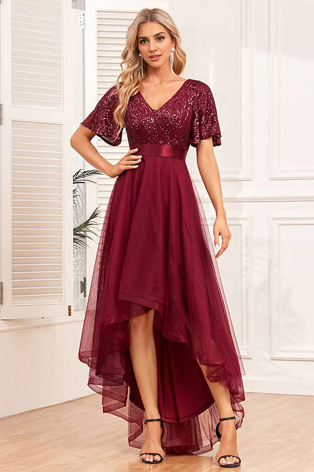 DingJiDress High Quality Dress Evening Dress Unique High-Low A-Line Sequins V Neck Short Sleeve Ruched Long Prom Dress