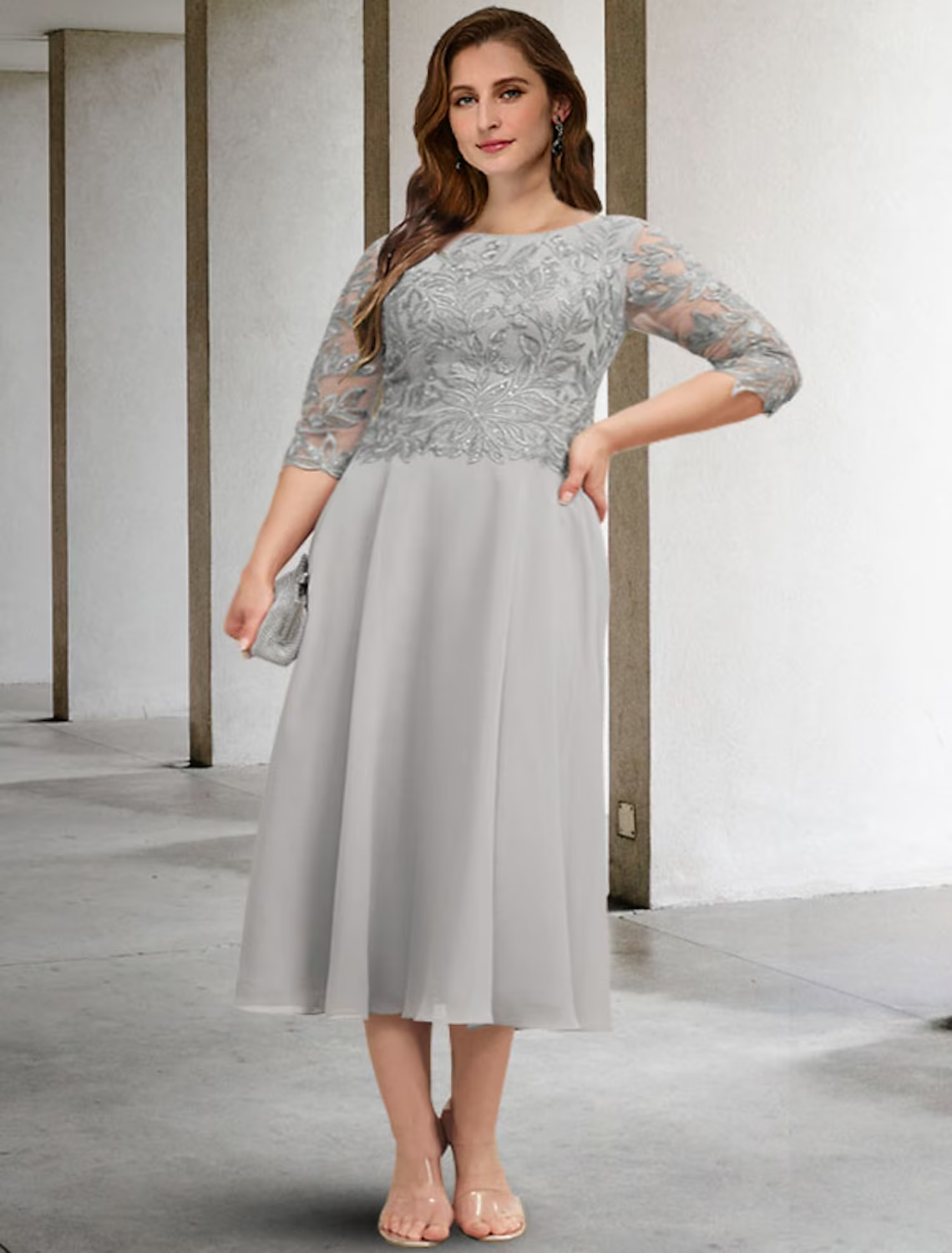 A-Line Plus Size Curve Mother of the Bride Dresses Elegant Dress Formal Length Sleeve Chiffon with Sequin Appliques