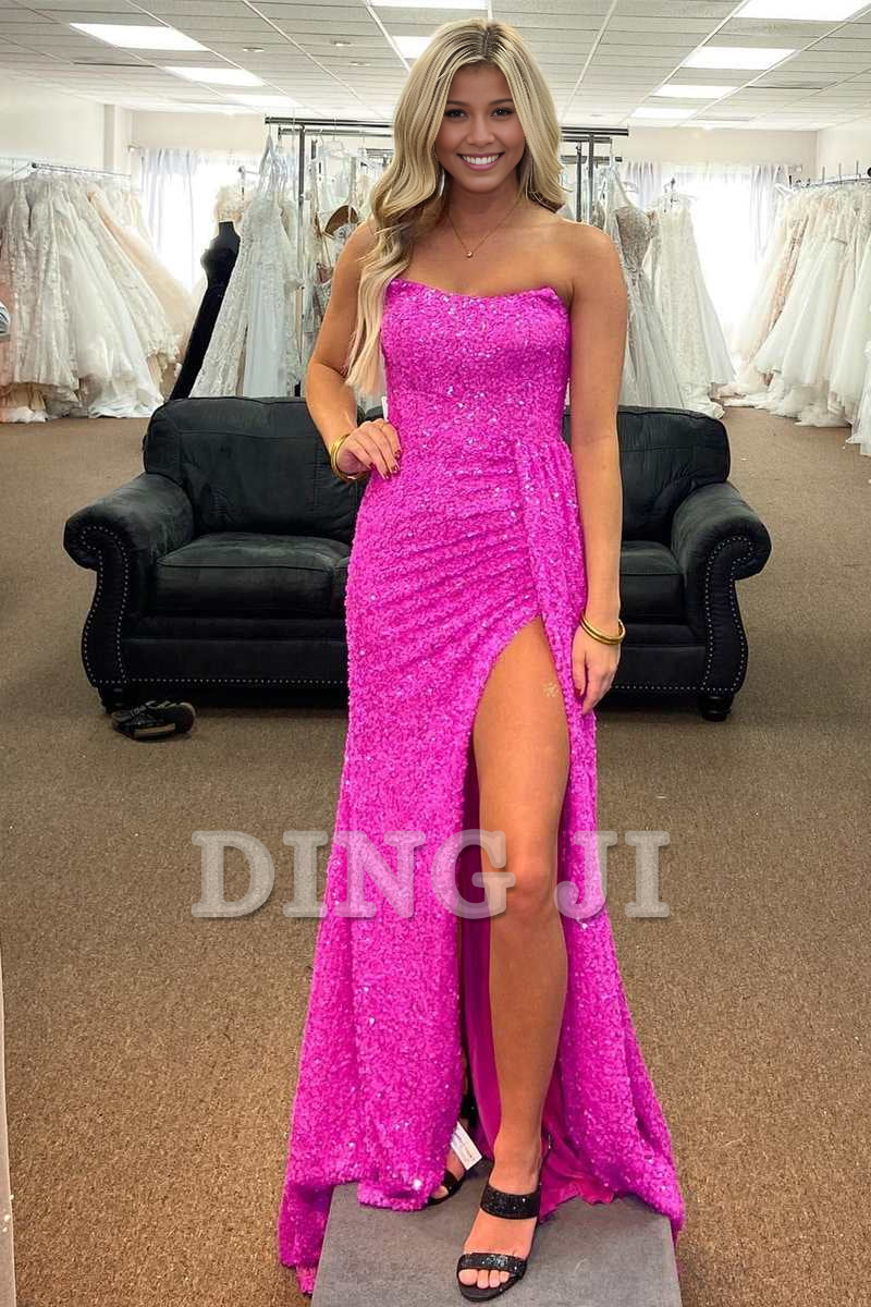 DingJiDress Sparkle Charming Evening Dress Mermaid Strapless Sequins Lace-Up Long Prom Dress Backless Side Fork Sparkle Formal Wear Dresses Wedding Guest Dresses