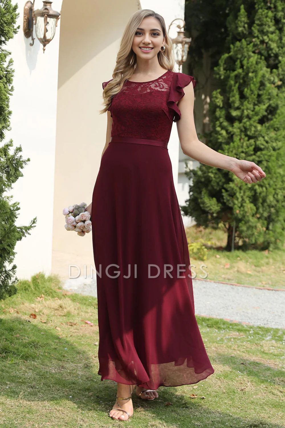 DingJiDress High Quality Dress Elegant Lace Round Neck Chiffon Flowing Sleeves Simple Prom Dress