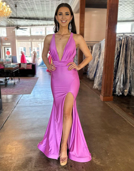 DingJiDress Sexy Deep V-Neck Cross Back Long Satin With Split Charming Prom Dress