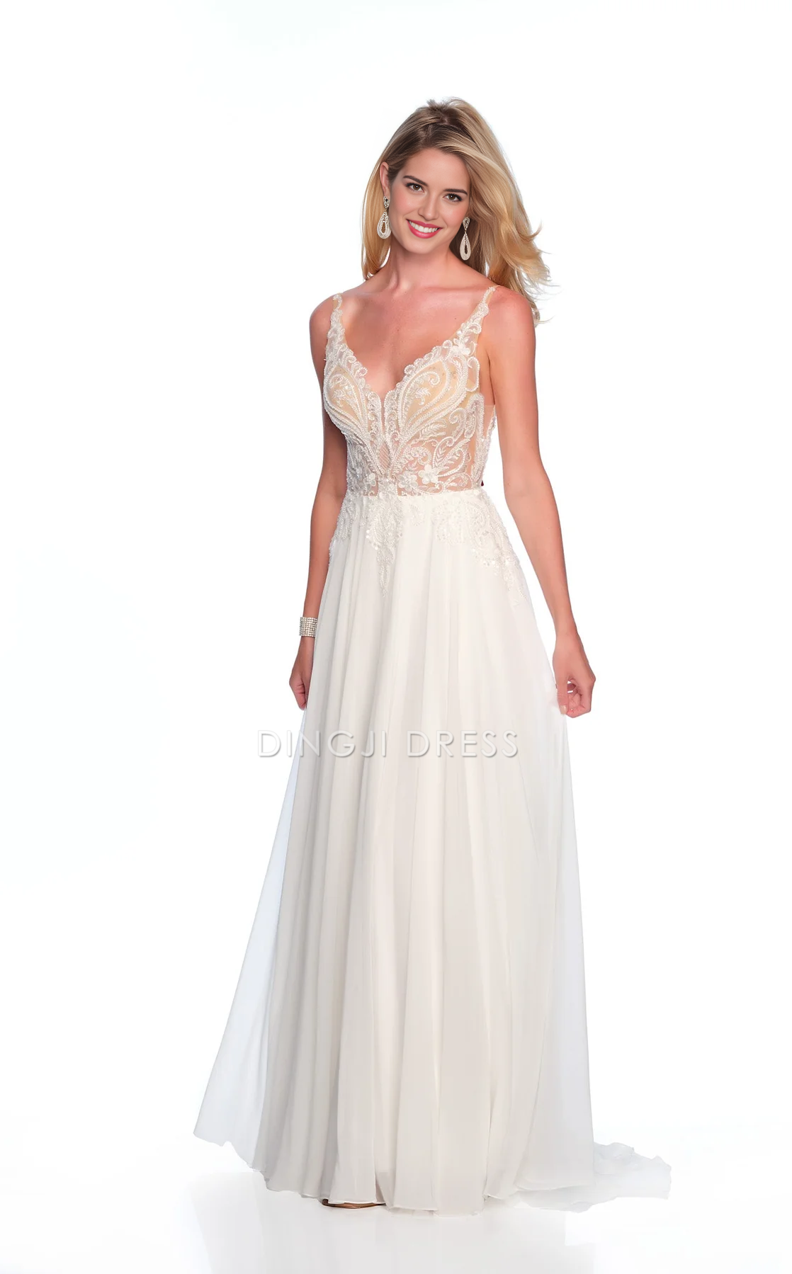 DingJiDress Hot Sale Wedding Dress Exquisite A Line V Neck Spaghetti Strap Sleeveless Backless Lace Floor-length Charming Formal Wear Dresses