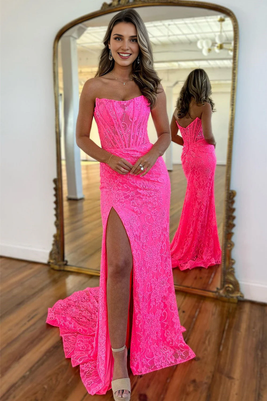 DingJiDress Gorgeous Mermaid Strapless Sweep Train Lace Slit Elegant Prom Dress