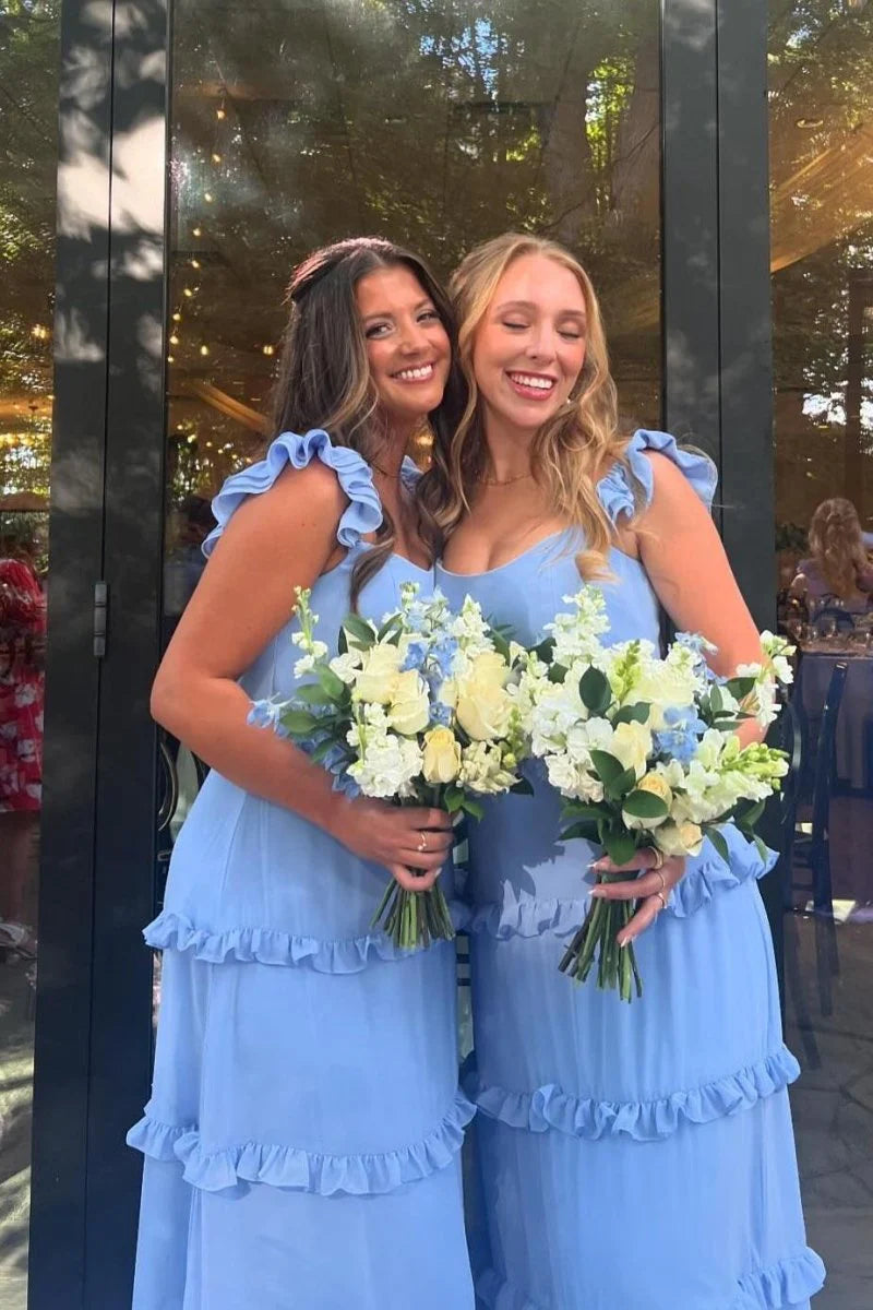 Cute Blue Chiffon A-line Square Neck Sleeveless Ruffles Strap Layering Ruffles Low Cost Floor Length Bridesmaid Dresses