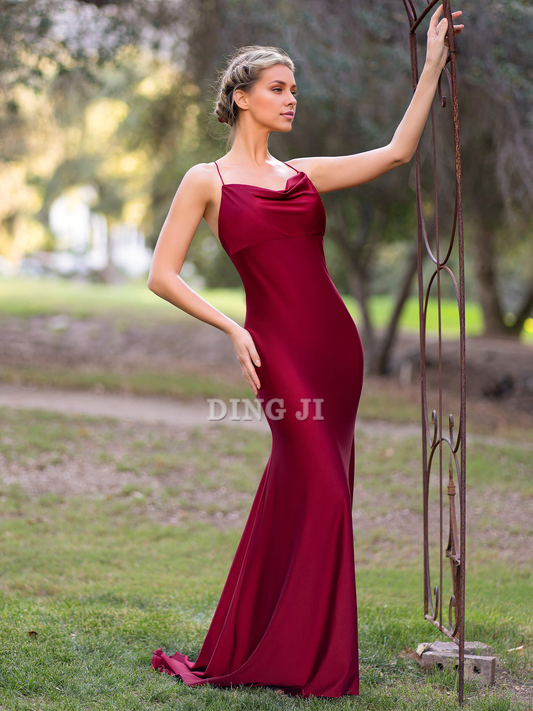DingJiDress Simple Evening Dress Long Spaghetti Strap Cowl Neck Burgundy Satin Mermaid Dress Sweep Train Open Back Elegant Formal Wear Dresses Wedding Guest Dresses