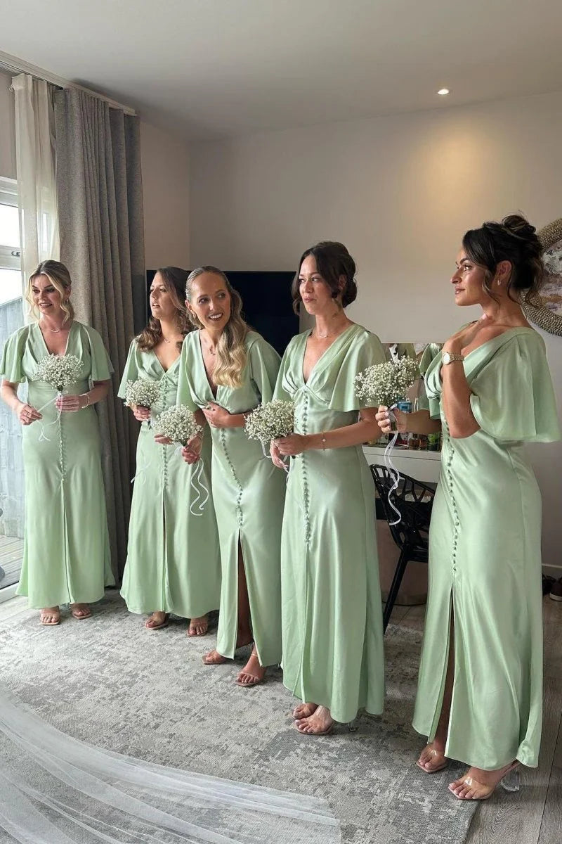 Fashion Sage Green Sheath V Neck Flare Sleeves with Buttons Slit Low Cost Anke-Length Bridesmaid Dresses
