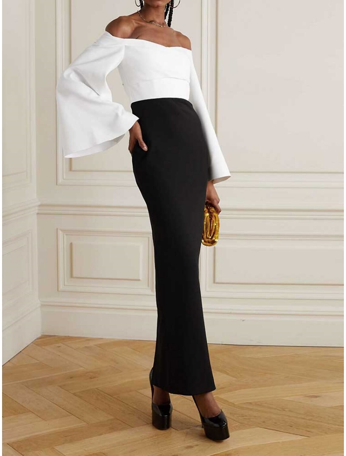 DingJiDress Sheath / Column Evening Gown Elegant Dress Formal Ankle Length Long Sleeve Scoop Neck Stretch Fabric with Ruched