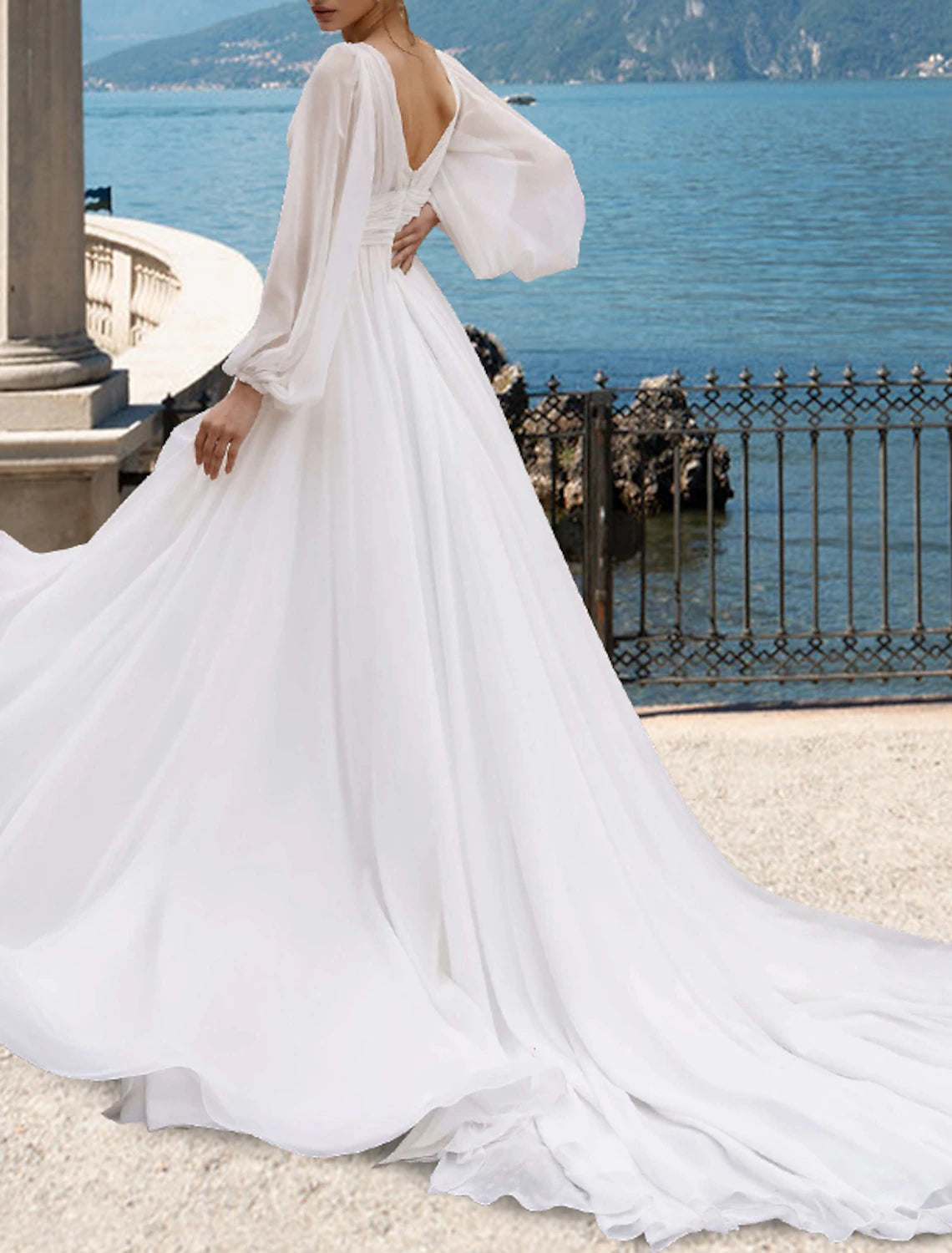 Beach Sexy Wedding Dresses A-Line V Neck Long Sleeve Court Train Chiffon Bridal Gowns With Pleats