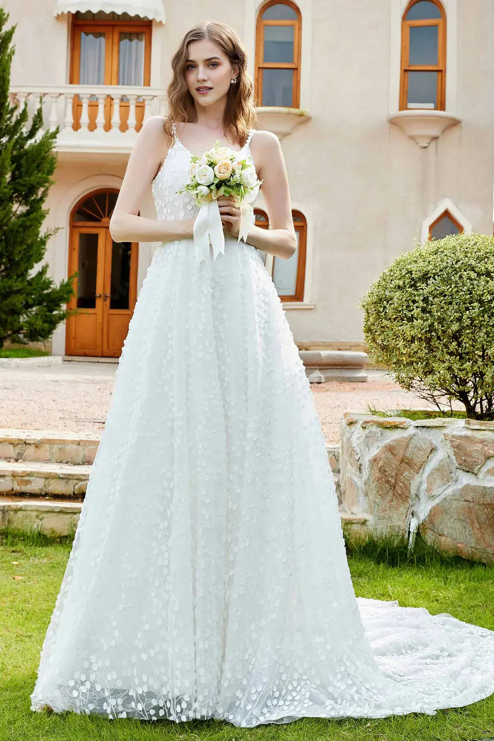 Exquisite Lace A-Line Spaghetti Strap Plunging V-Neck Sleeveless Backless Affordable Hot Sale Wedding Dress