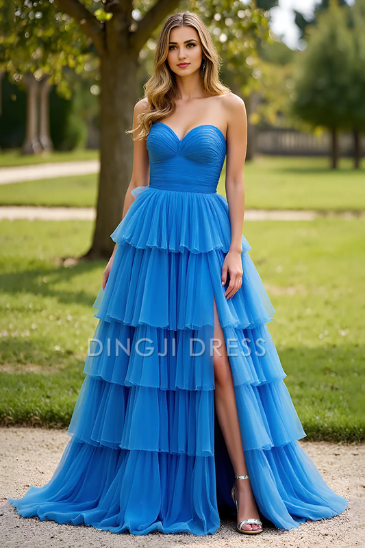 DingJiDress High Quality Dress Exquisite A Line Strapless Sweetheart Ruched Tiers With Slit Fashion Long Prom Dress