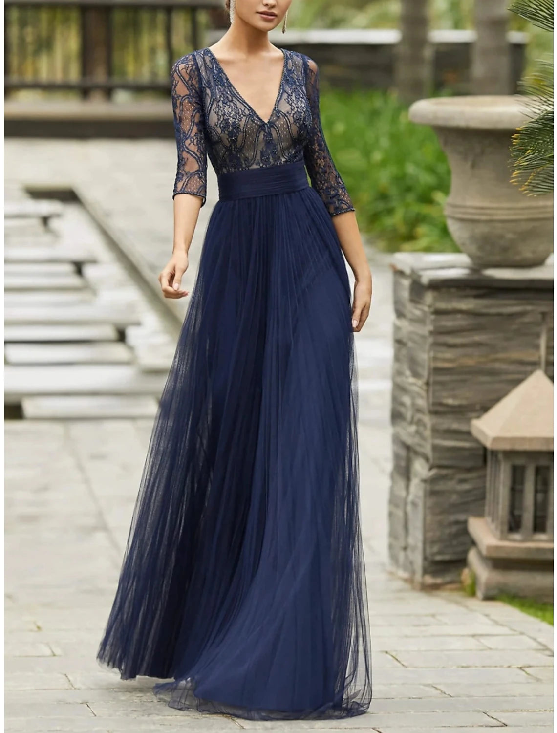 Sheath / Column Mother of the Bride Dress Wedding Guest Vintage Party V Neck Floor Length Lace Tulle 3/4 Length Sleeve with Pleats