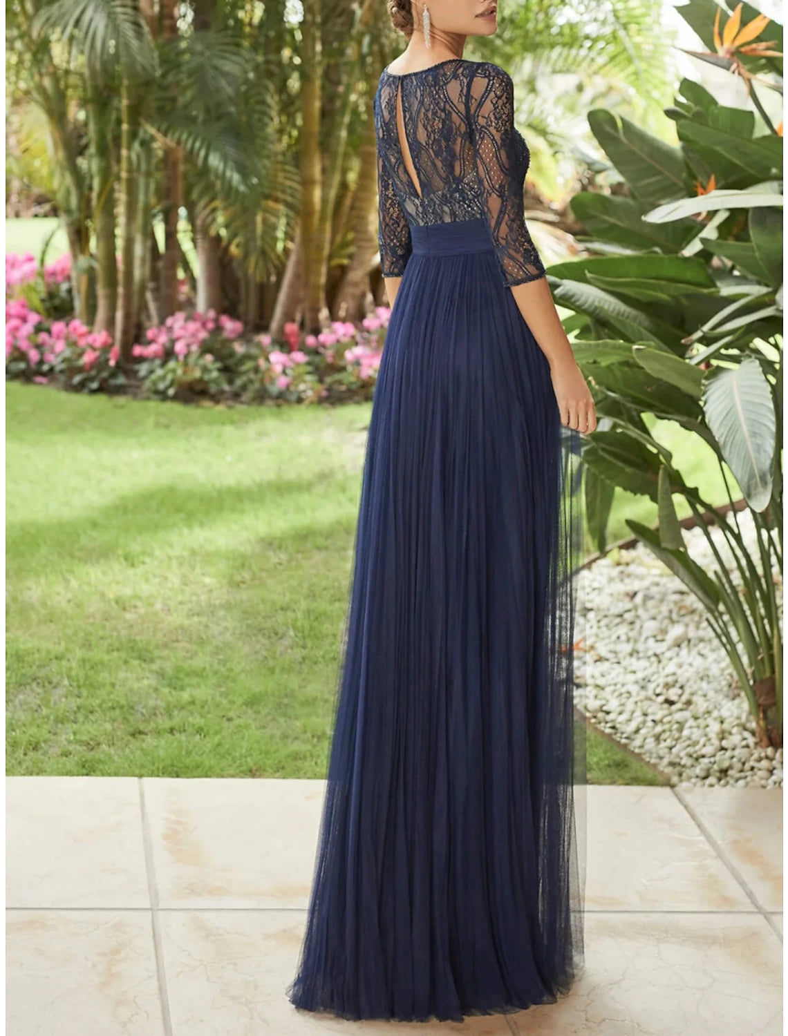 Sheath / Column Mother of the Bride Dress Wedding Guest Vintage Party V Neck Floor Length Lace Tulle 3/4 Length Sleeve with Pleats