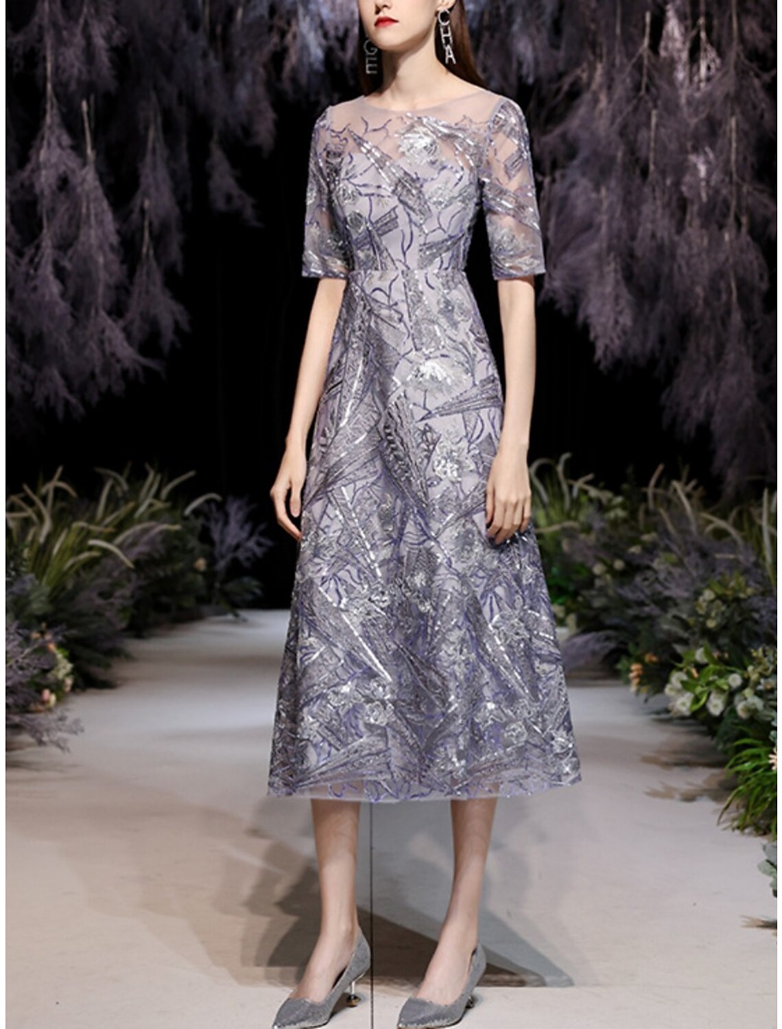 Sheath / Column Mother of the Bride Dress Wedding Guest Party Sparkle & Shine Petite Scoop Neck Tea Length Sequined Half Sleeve