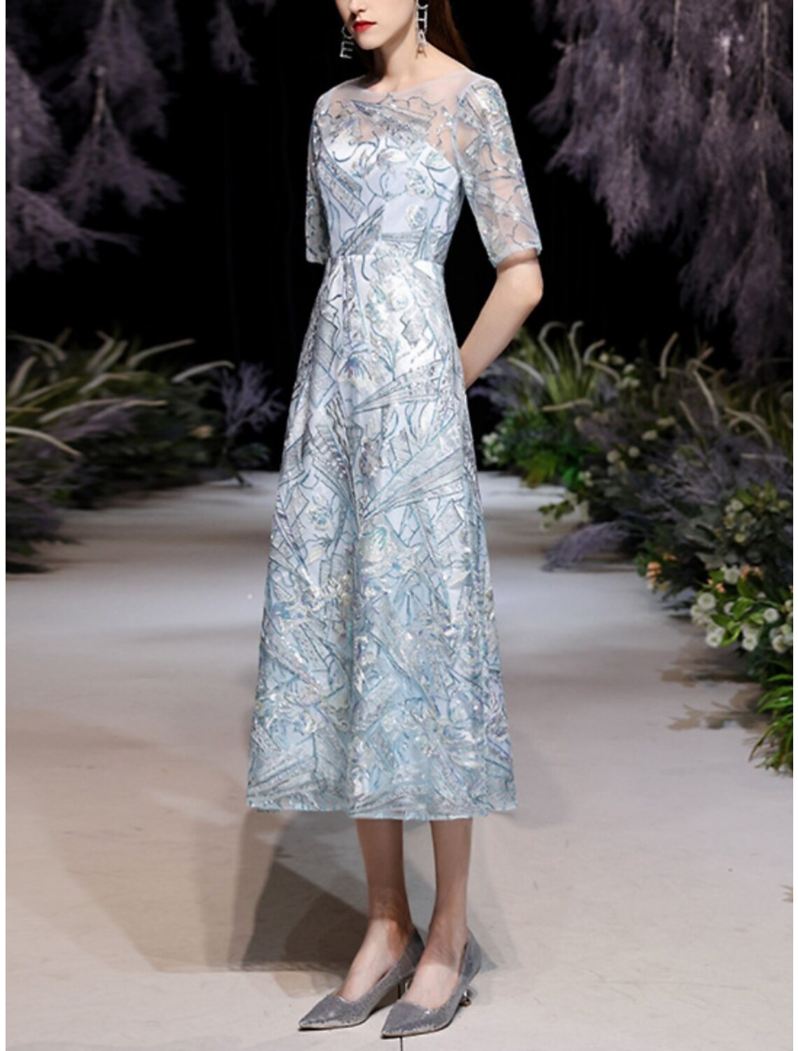 Sheath / Column Mother of the Bride Dress Wedding Guest Party Sparkle & Shine Petite Scoop Neck Tea Length Sequined Half Sleeve