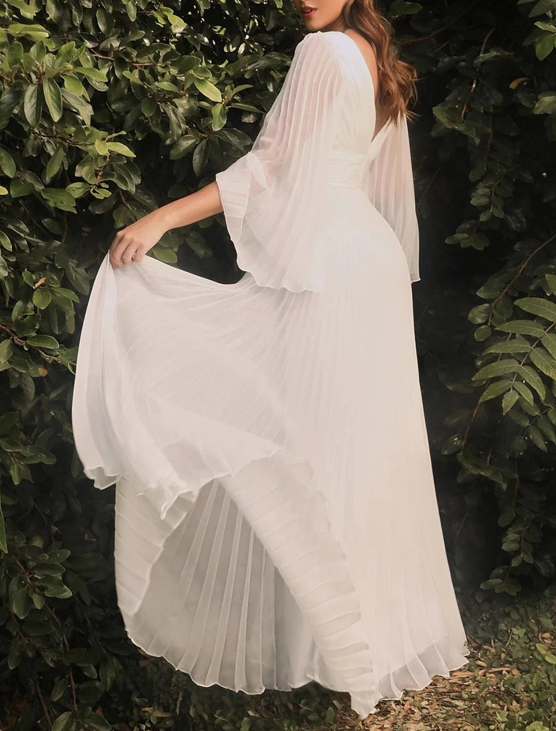 Beach Casual Wedding Dresses A-Line V Neck Long Sleeve Floor Length Chiffon Bridal Gowns