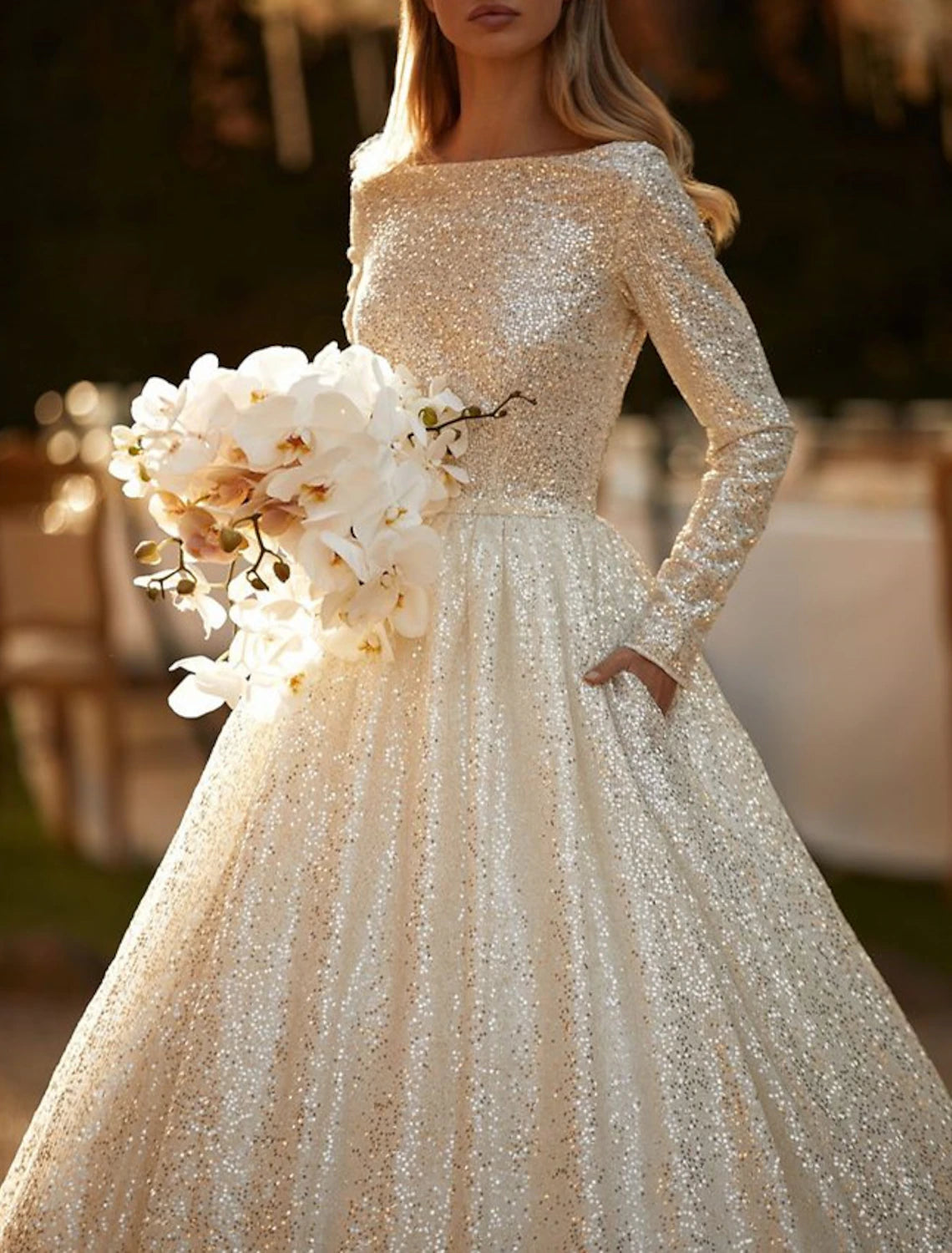 Engagement Sparkle & Shine Formal Fall Wedding Dresses Ball Gown Scoop Neck Long Sleeve Chapel Train Sequined Bridal Gowns