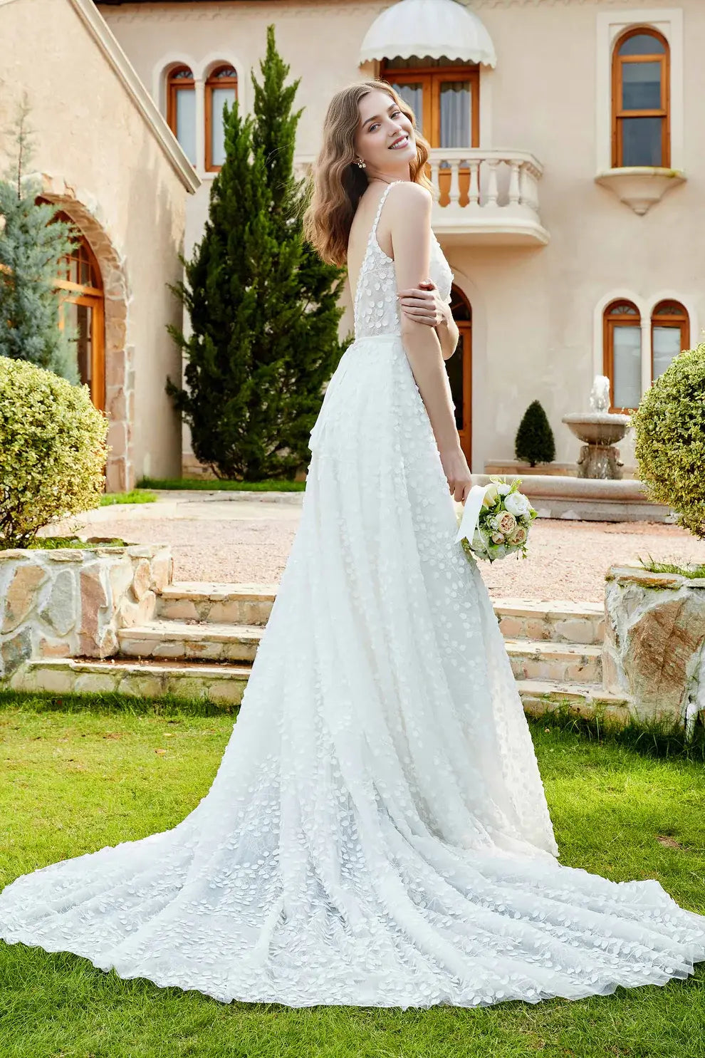 Exquisite Lace A-Line Spaghetti Strap Plunging V-Neck Sleeveless Backless Affordable Hot Sale Wedding Dress