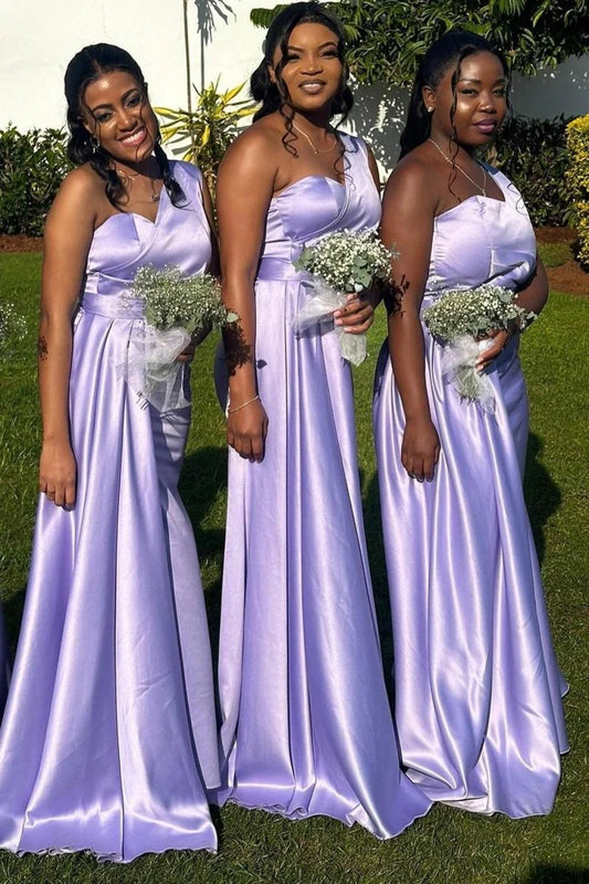 Elegant Lavender Sheath One Shoulder Sleeveless Pleated Low Cost Floor Length Bridesmaid Dresses