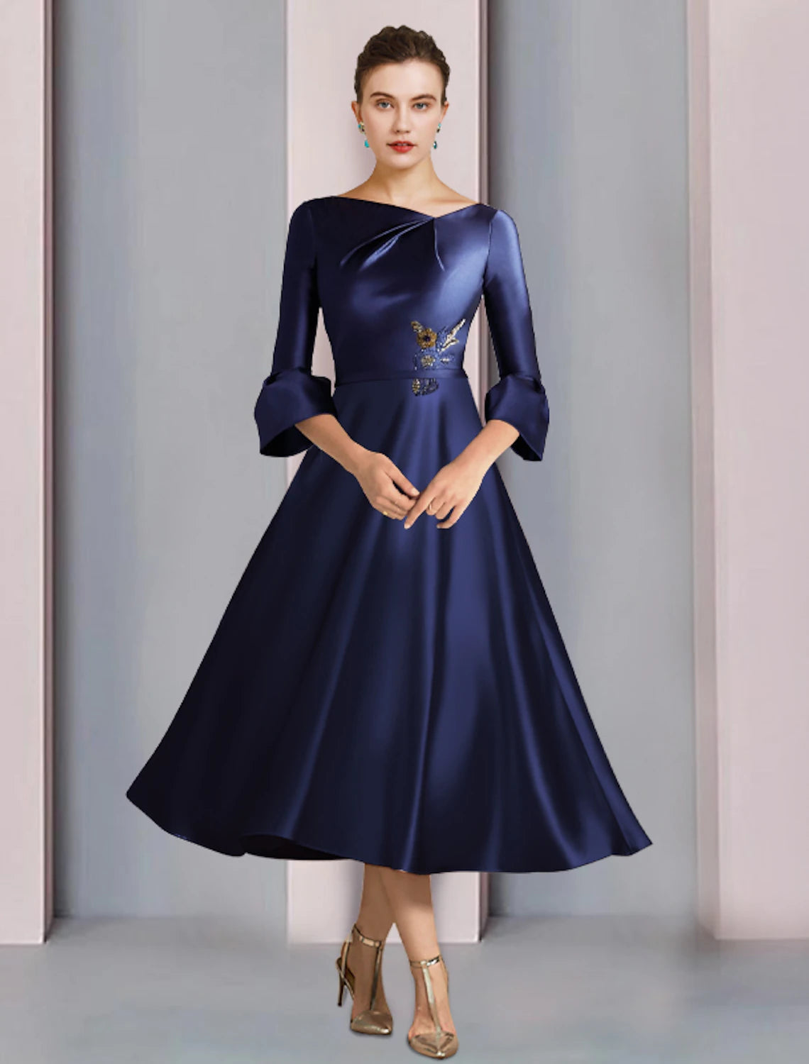 A-Line Mother of the Bride Dress Formal Wedding Guest Elegant Bateau Neck Tea Length Satin 3/4 Length Sleeve with Pleats