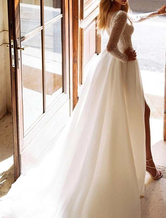 Hall Sparkle & Shine Wedding Dresses A-Line V Neck Long Sleeve Court Train Satin Bridal Gowns With Split