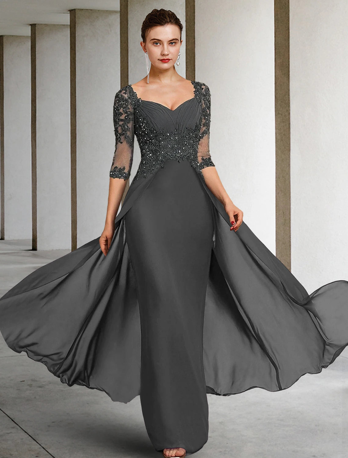 Sheath / Column Mother of the Bride Dress Formal Wedding Guest Party Elegant Square Neck Floor Length Chiffon Lace 3/4 Length Sleeve with Sequin Appliques