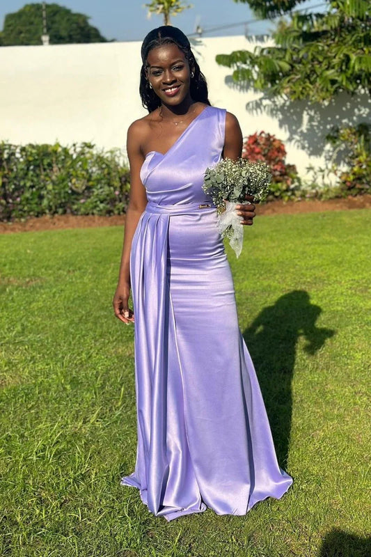 Elegant Lavender Sheath One Shoulder Sleeveless Pleated Low Cost Floor Length Bridesmaid Dresses