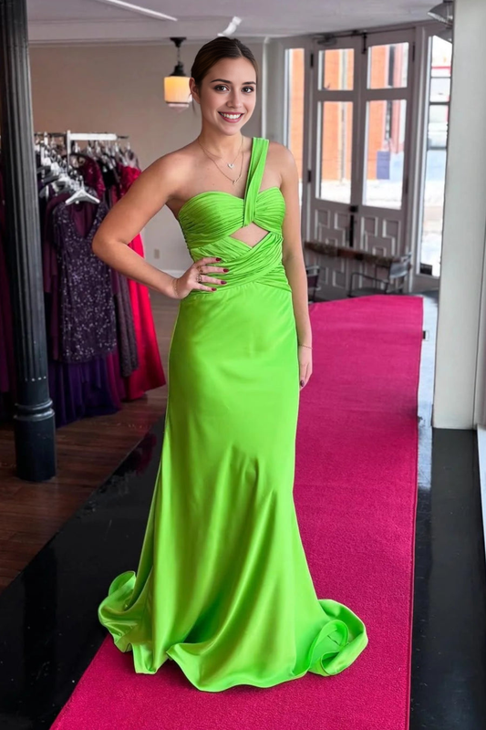DingJiDress Formal Dress Mermaid One Shoulder Sleeveless Crossing Pleated Empire Satin Sexy Prom Dress