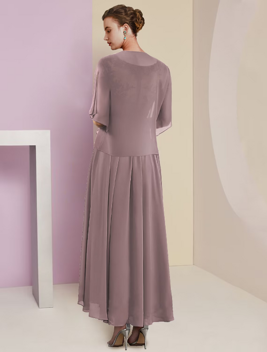 Two Piece A-Line Mother of the Bride Dress Formal Wedding Guest Elegant V Neck Length Lace Short Sleeve Wrap Included with Pleats Appliques
