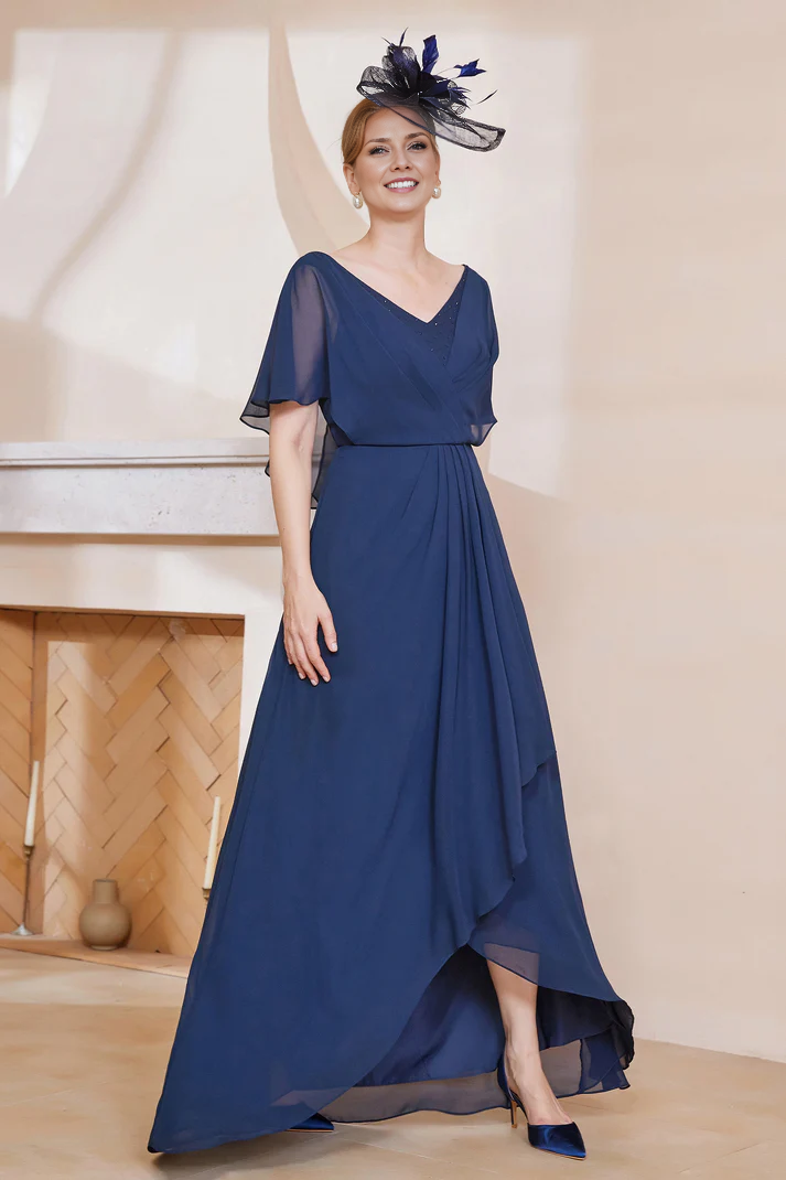DingJiDress November December Autumn Winter Wedding Guest Dress V-neck Flutter Sleeves Chiffon Long Dress Mother of the Groom / Bride Dresses