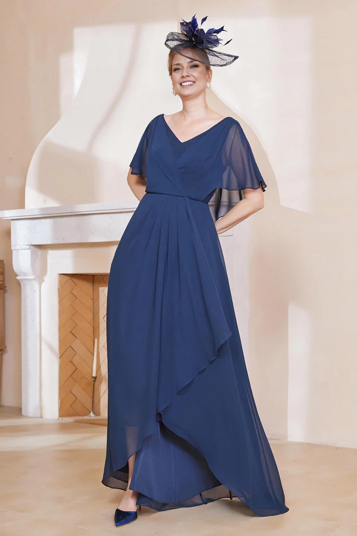DingJiDress November December Autumn Winter Wedding Guest Dress V-neck Flutter Sleeves Chiffon Long Dress Mother of the Groom / Bride Dresses