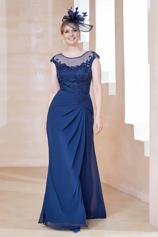 DingJiDress November December Autumn Winter Wedding Guest Dress Lace Illusion Neck Chiffon Dress With Slit Mother of the Groom / Bride Dresses