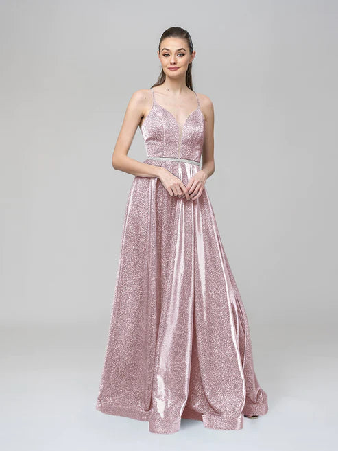 DingJiDress A Line Metallic Glitter Formal Party Prom Dresses With Beaded Waist