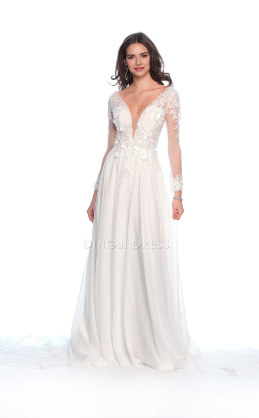 DingJiDress Hot Sale Wedding Dress Exquisite A Line Deep V Neck Long Sleeves Backless 3D Flower Floor-Length Fashion Formal Wear Dresses