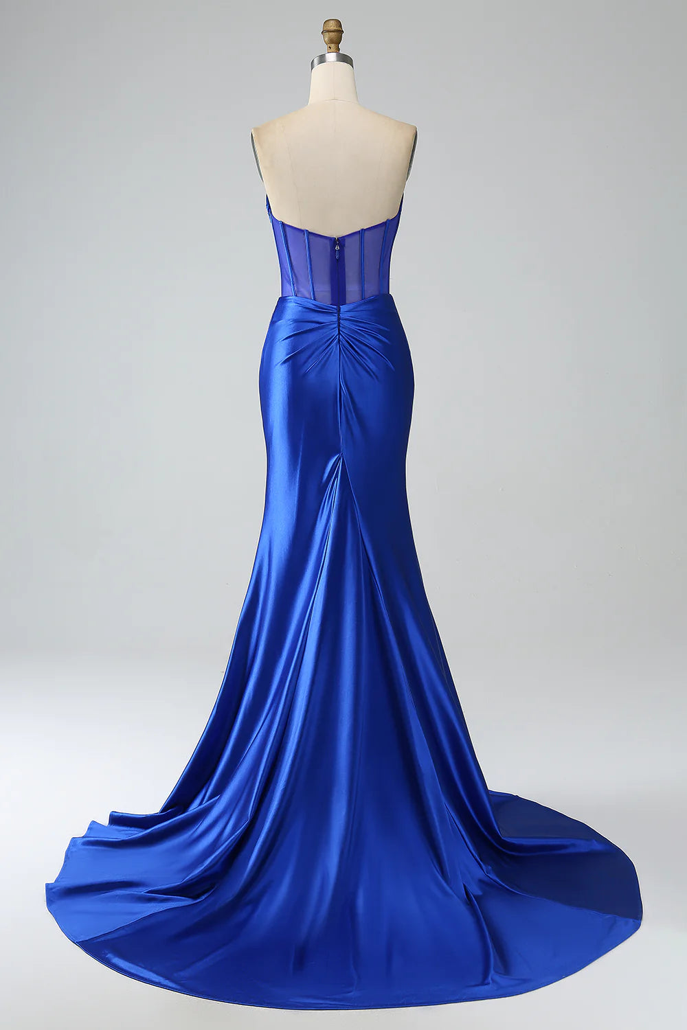 DingJiDress Royal Blue Mermaid Strapless Pleated Corset Long Prom Dress with Slit