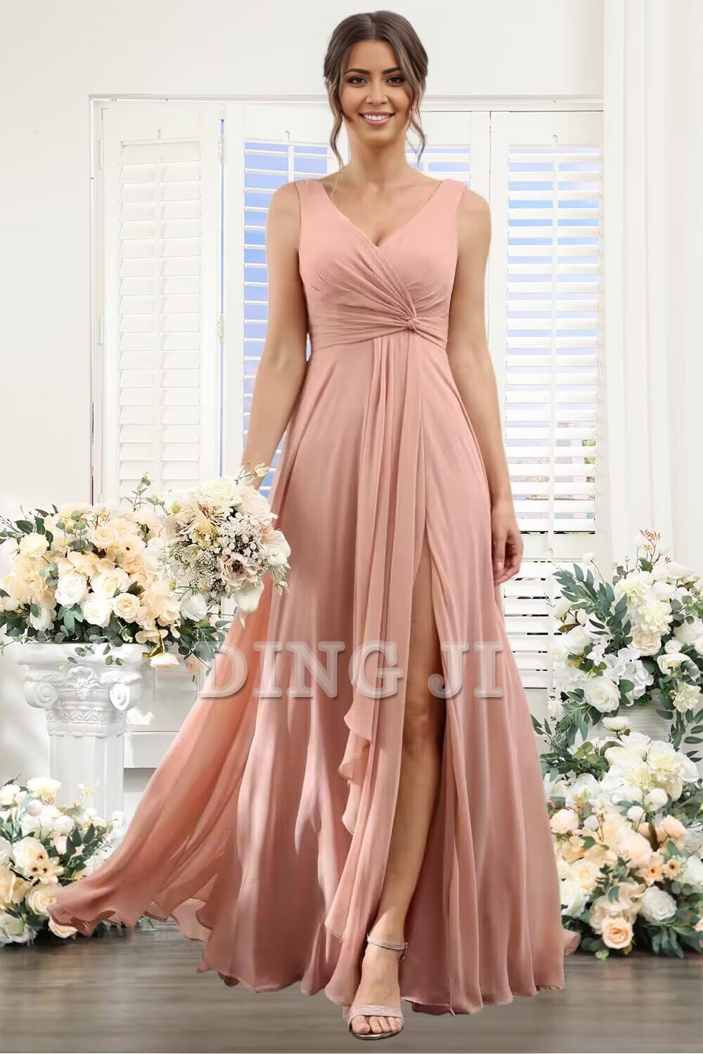 DingJiDress Bridesmaid Dresses A-line V Neck Ruffles Side Fork Long Chiffon Elegant Formal Wear Dresses