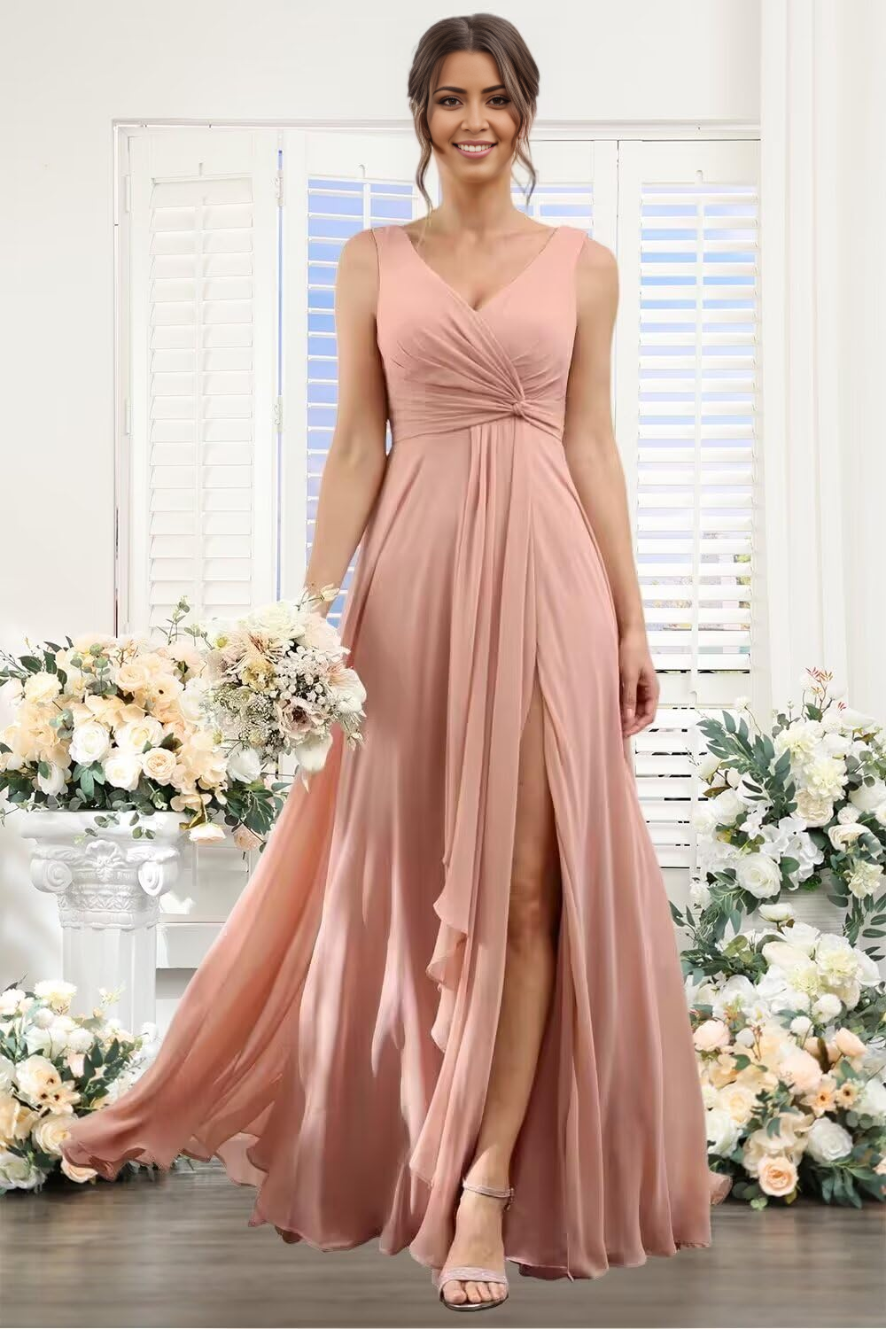 DingJiDress Bridesmaid Dresses A-line V Neck Ruffles Side Fork Long Chiffon Elegant Formal Wear Dresses