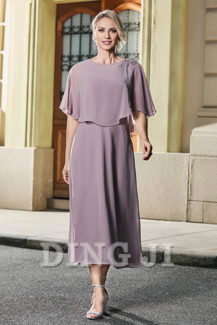 DingJiDress Mother of the Bride Dresses Tea-Length Jewel Flutter Sleeves Chiffon Dress Exquisite Elegant Dresses Wedding Guests Dresses