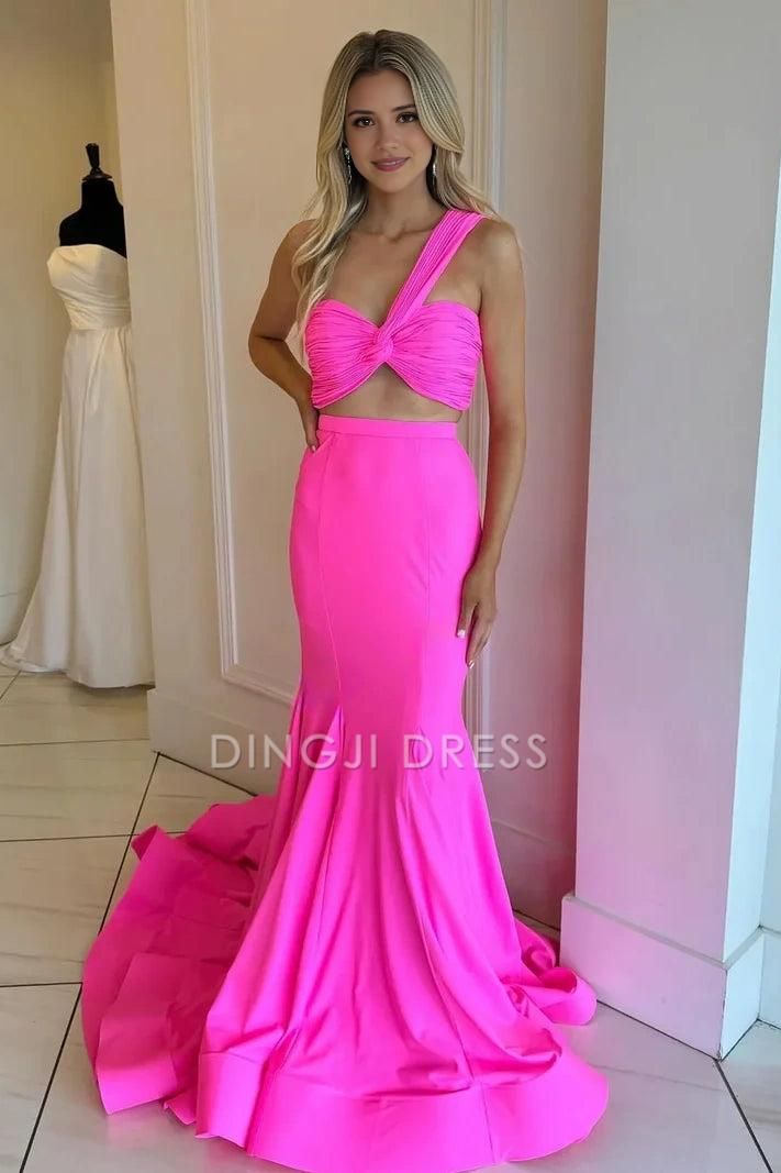 DingJiDress Formal Dress Mermaid One Shoulder Sleeveless Pleated Empire Satin Sexy Prom Dress