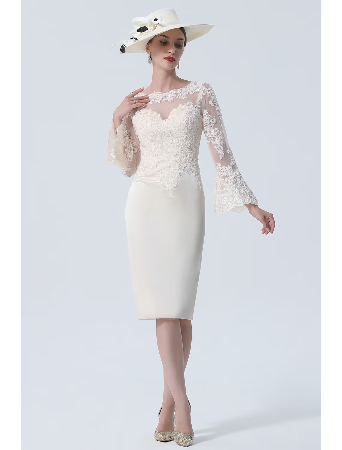 Mother of the Bride Dress Vintage Plus Size Elegant Knee Length Satin Lace Long Sleeve with Lace