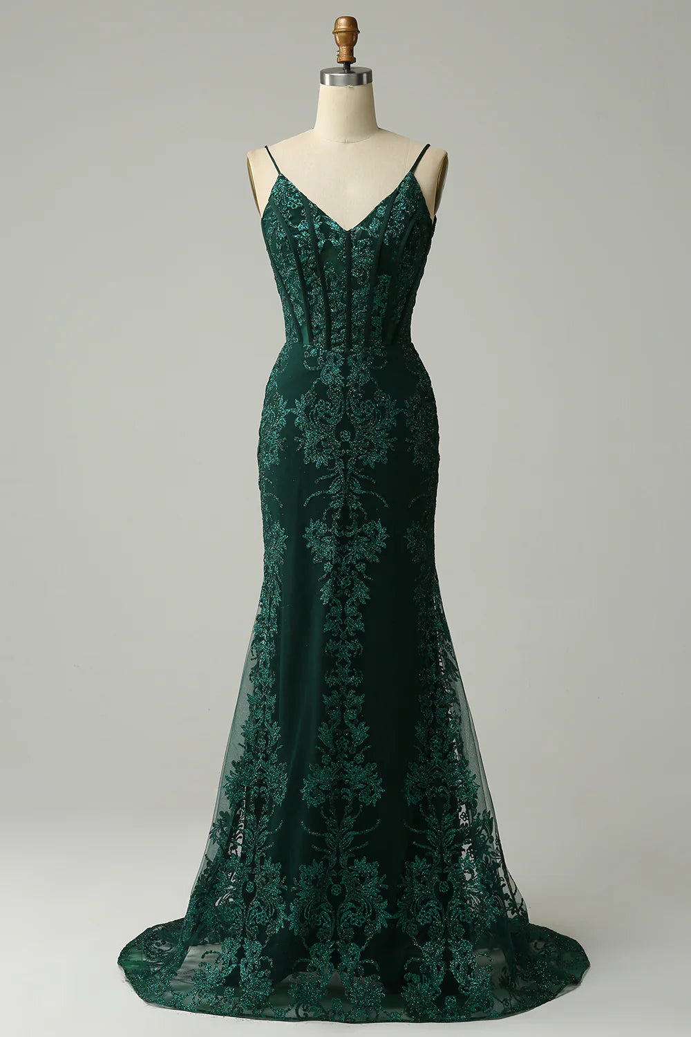 DingJiDress Mermaid Spaghetti Straps Peacock Green Prom Dress with Appliques