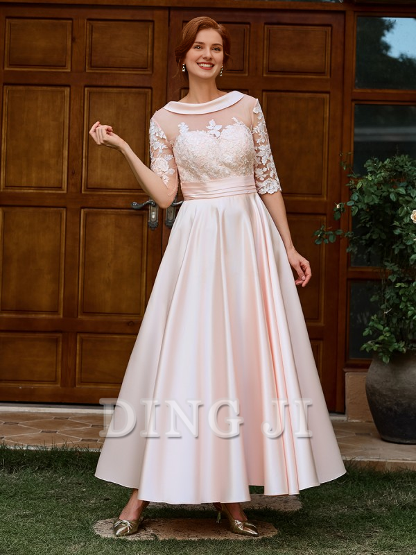 DingJiDress High Quality Mother of the Bride Dress A-line Appliques Lace Ankle-Length Satin 1/2 Sleeves Elegant Dignified Dress Wedding Guests Dresses
