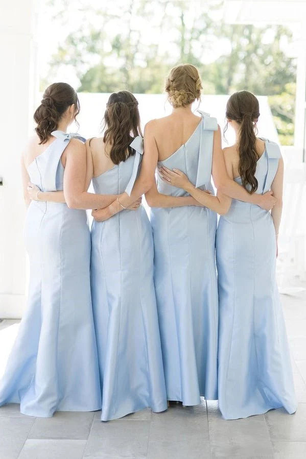 Fashion Light Blue Satin Mermaid One Shoulder Bow Sleeveless Low Cost Floor Length Bridesmaid Dresses