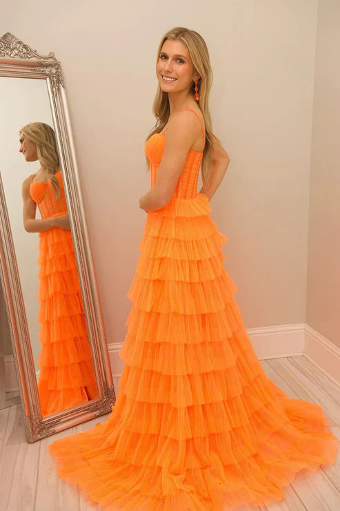 DingJiDress Orange Evening Dress Sweetheart Ruffle Tiered Tulle Long Prom Dresses
