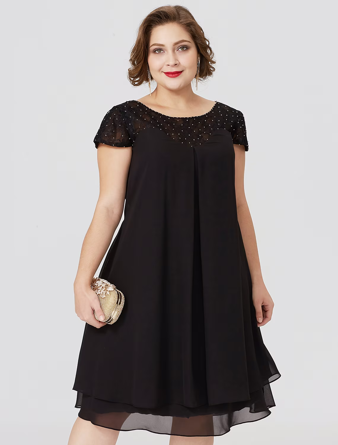 Mother of the Bride Dress Formal Little Black Dress Plus Size Knee Length Chiffon Lace Short Sleeve No with Pleats Beading Lace