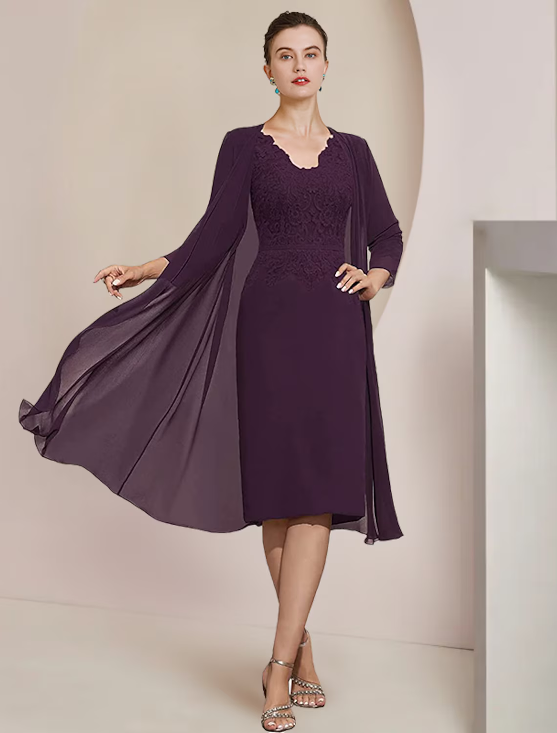 Two Piece Mother of the Bride Dress Formal Wedding Guest Elegant V Neck Knee Length Chiffon Lace Short Sleeve Dresses with Appliques