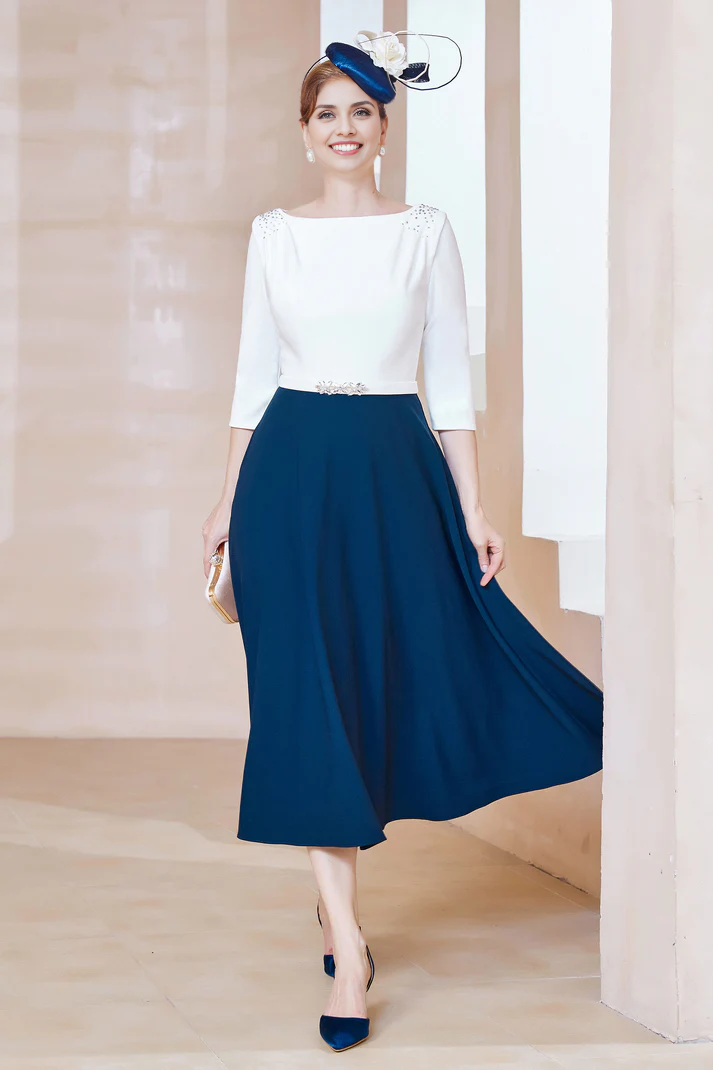 DingJiDress November December Autumn Winter Wedding Guest Dress Rhinestone Scoop Neck Tea-Length Dress Mother of the Groom / Bride Dresses