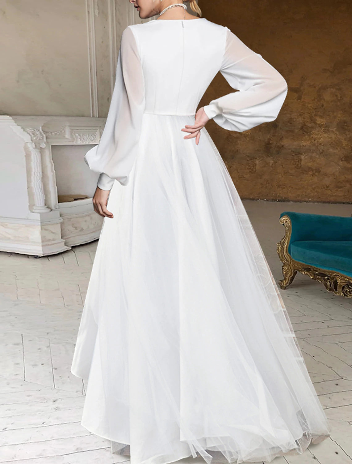 Bridal Shower Fall Wedding Dresses Little White Dresses Casual A-Line V Neck Long Sleeve Asymmetrical Chiffon Bridal Gowns