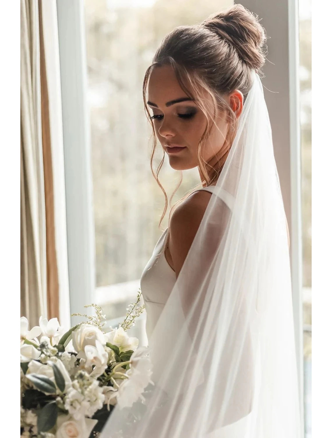 DingJiDress Women Outfits Simple / Classic & Timeless Wedding Veil Chapel Veils with Pure Color Tulle with 1 set Jewelry Set