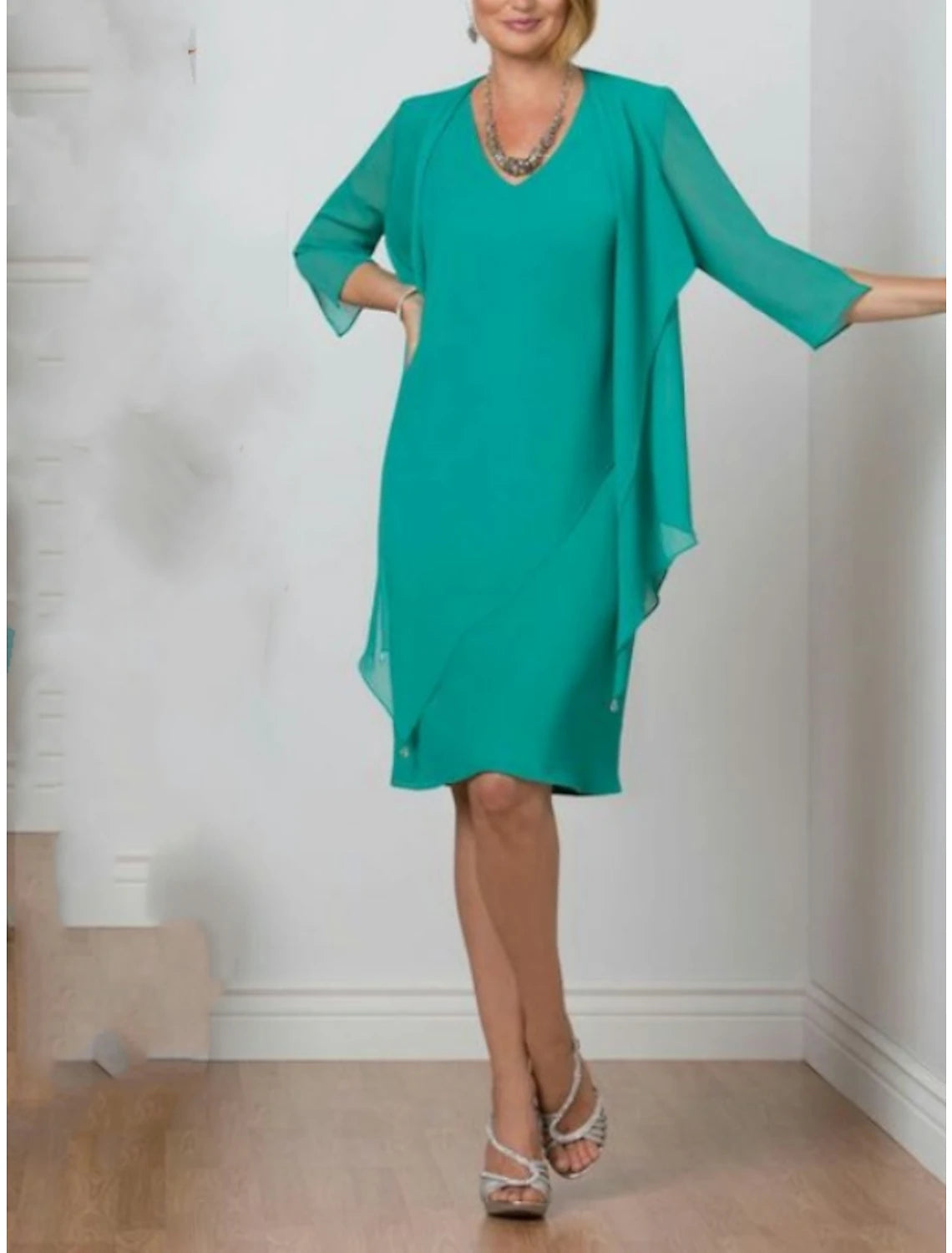 Two Piece Mother of the Bride Dress Fall Wedding Guest Simple Elegant V Neck Knee Length Chiffon 3/4 Length Sleeve