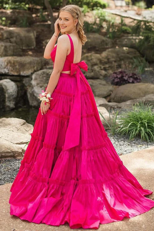 DingJiDress Pink Two Piece Evening Dress V Neck Satin A-Line Prom Dresses